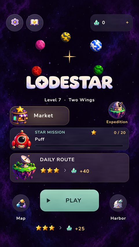 Lodestar home screen: the daily route, a star mission and the Play button